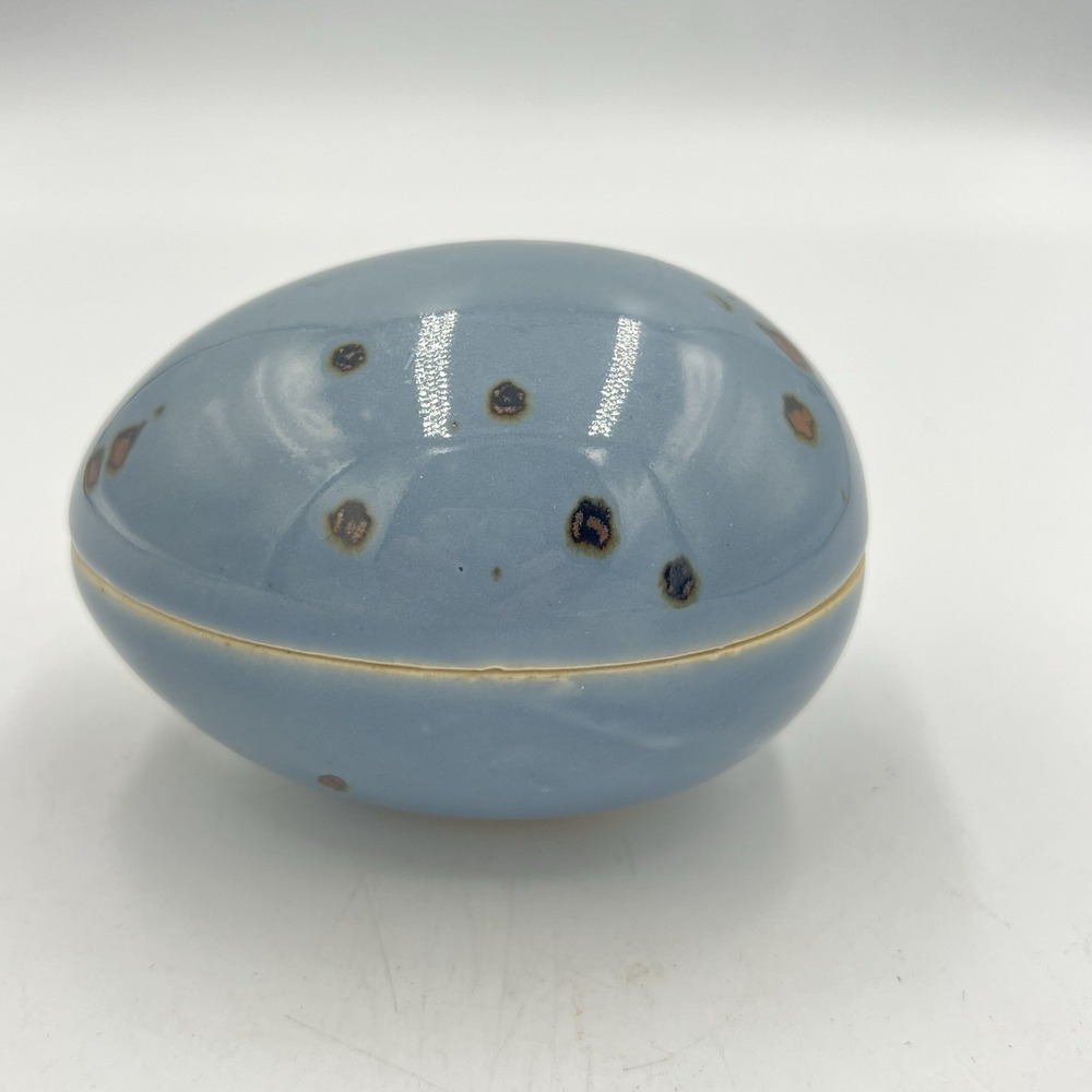Vintage Dansk‎ Pottery Lidded Egg Trinket Box Blue Speckle 4" Japan MCM